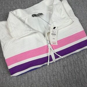 NWT Talbots White Quarter-Zip Top with Colorful Stripes MP